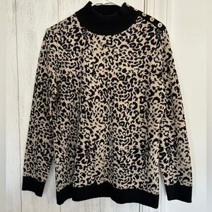 Calvin Klein Leopard Sweater With Black Accents and Gold Button Detailing